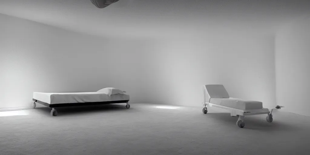 Image similar to liminal space bed, unreal engine, octane render, fantasy, white walls, digital art, dreamcore