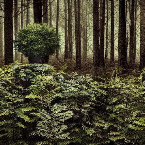 Image similar to a realistic dense forest on a pot, photography, focus