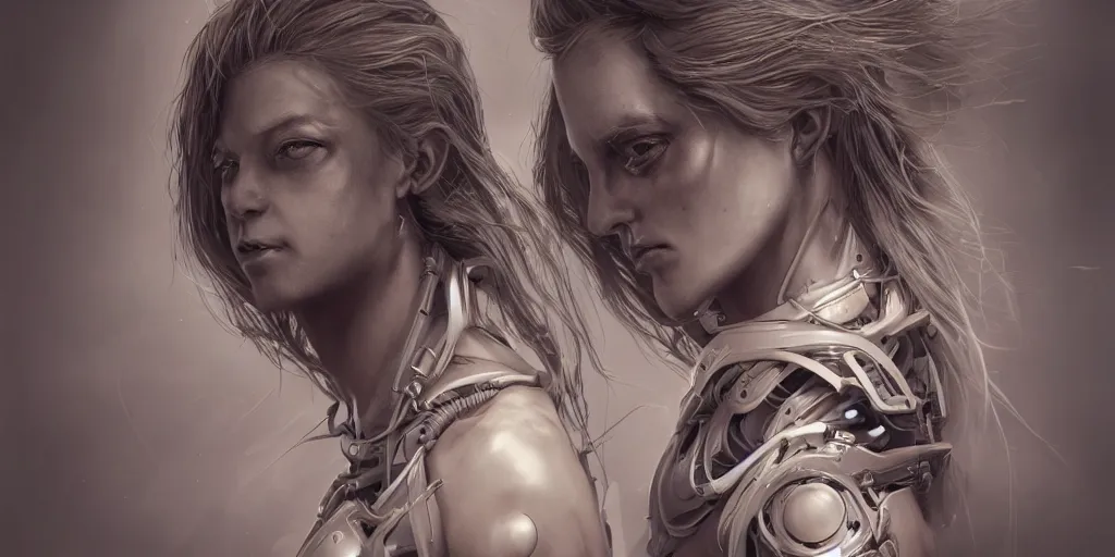 Prompt: photorealistic gorgeous symmetrical female cyborg, holding intimately, highly detailed, intricate detailing, in the style of, beth cavener, jin kagetsu, wlop, masterpiece, concept art, high key lighting, ambient lighting, octane render, 8 k, artstation