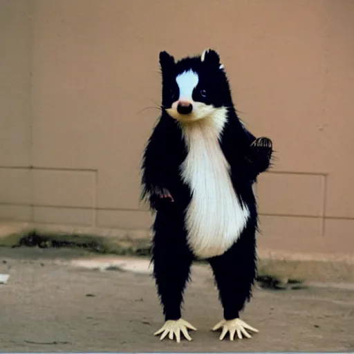 Prompt: a skunk wearing everyday human clothing, film still