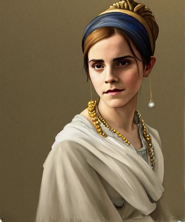 Image similar to Emma Watson as the girl with the pearl earring, highly detailed, digital painting, artstation, concept art, smooth, sharp focus, illustration, ArtStation, art by artgerm and greg rutkowski and alphonse mucha and J. C. Leyendecker and Edmund Blair Leighton and Katsuhiro Otomo and Geof Darrow and Phil hale and Ashley wood and Ilya repin and Charlie Bowater