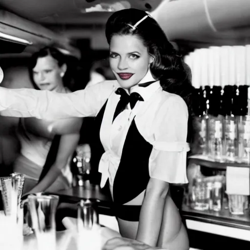 Image similar to Photo of bikini clad flight attendant serving drinks down the aisle, black and white