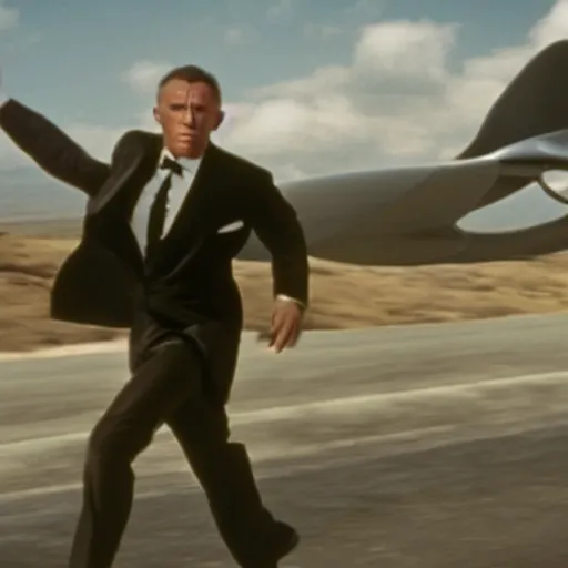 Image similar to man chased by a flying car, movie still of James bond