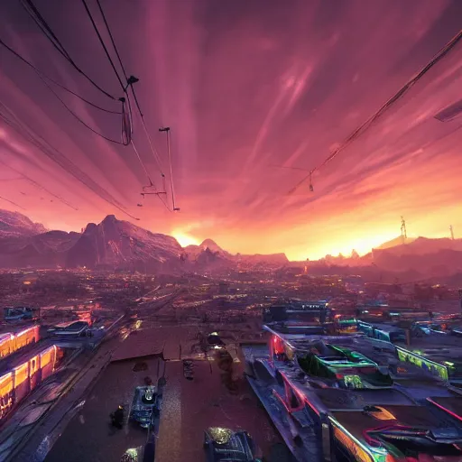 Prompt: beautiful sunset over detailed cyberpunk suburb in a valley surrounded by epic mountains with snowtops, sharp, highly detailed, hyperrealistic, 4 k, - i