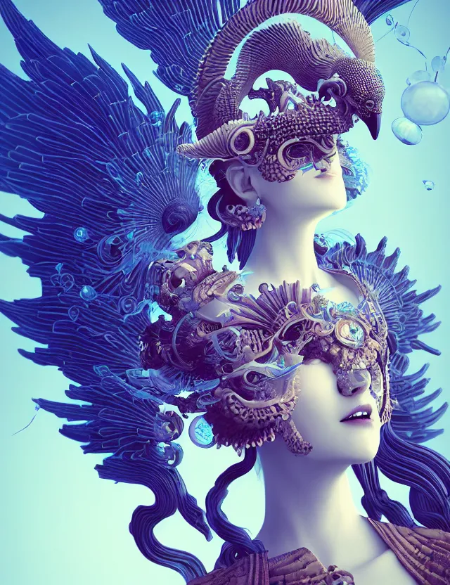 Image similar to 3 d goddess close - up 3 / 4 portrait with ram skull. beautiful intricately detailed japanese crow kitsune mask and clasical japanese kimono. betta fish, jellyfish phoenix, bio luminescent, plasma, ice, water, wind, creature, artwork by tooth wu and wlop and beeple and greg rutkowski