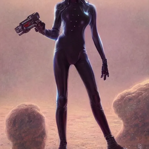 Image similar to pleiadian woman with big eyes and long silver hair wearing a dark body suit and wielding a plasma gun as a realistic sci fi character, portrait art by donato giancola and greg rutkowski, digital art, trending on artstation, standing in a barren field