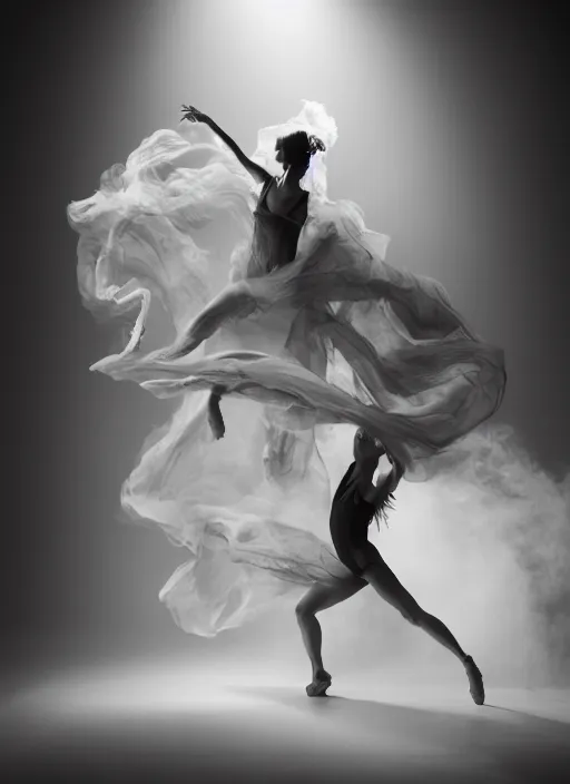 Image similar to a Photorealistic dramatic hyperrealistic render of a glamorous beautiful Female smoke dancer by Ken Brower and Deborah Ory of NYC Dance project,Lois Greenfield,Flowing cloth and smoke,Beautiful dynamic dramatic dark moody lighting,volumetric,shadows,cinematic atmosphere,Octane render,8K