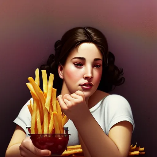 Prompt: portrait of James Gandolfini eating hamburgers, french fry background, extra onions and ketchup, luscious patty with sesame seeds, feminine ethereal, handsome, D&D, fantasy, intricate, elegant, highly detailed, digital painting, artstation, concept art, matte, sharp focus, illustration, art by Artgerm and Greg Rutkowski and Alphonse Mucha