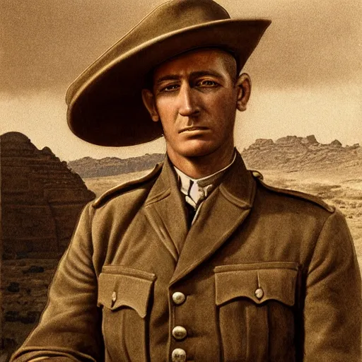 Prompt: a detailed photorealistic sepia - toned color portrait painting of a 1 9 1 7 worried clean - shaven british lieutenant in detailed field gear not wearing a hat in wadi rum, ultra realistic, intricate details, lovecraft, atmospheric, dark, horror, brooding, highly detailed, by clyde caldwell