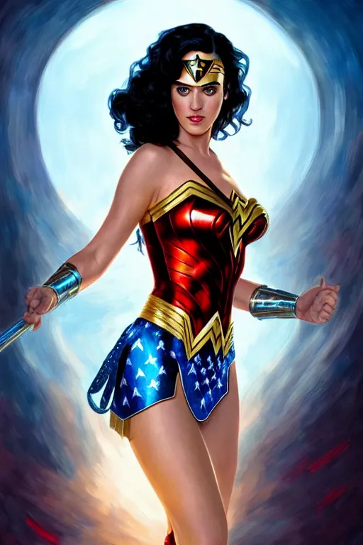 Image similar to katy perry as wonder woman, realistic portrait, symmetrical, highly detailed, digital painting, artstation, concept art, smooth, sharp focus, illustration, cinematic lighting, art by artgerm and greg rutkowski and alphonse mucha