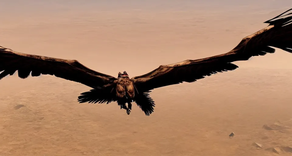 Image similar to artwork of a vulture flying over a desert, artstation