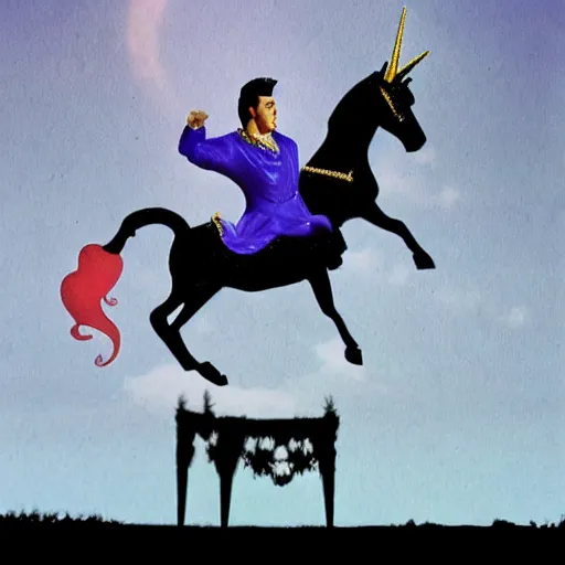 Prompt: Elvis Presley on a unicorn, fantasy art