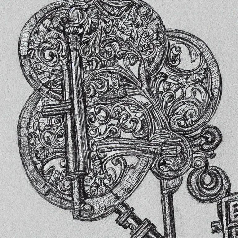 Prompt: Pen and ink drawing of an intricate key, detailed, paper, photograph
