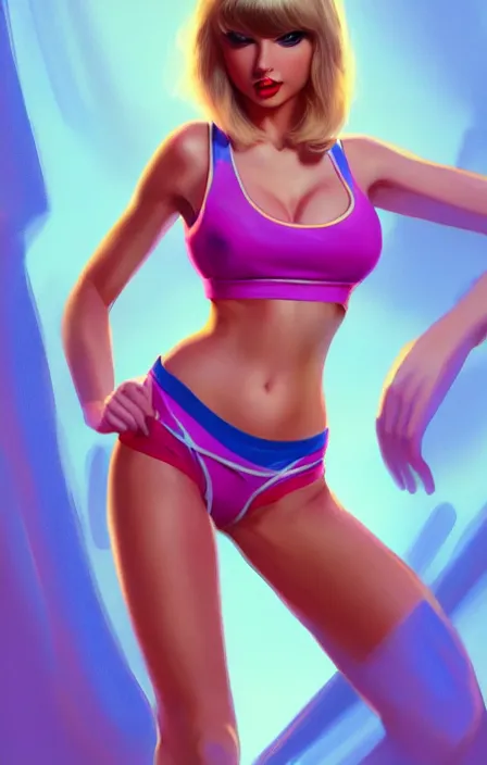 Prompt: Taylor Swift Cosplaying Lola Bunny, modeling, posing, playboy bunny, two piece workout clothes, training bra, photorealistic lighting, vibrant colors, gta 5 skin tone, Tooth Wu Artgerm Greg Rutkowski Alphonse Mucha Beeple artstation deviantart, 8k, fanart, extreme aesthetic