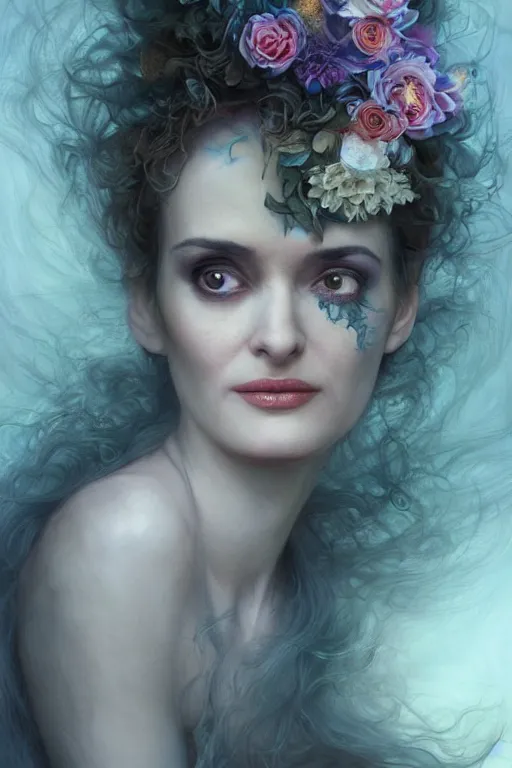 Image similar to closeup portrait shot of winona ryder as delirium of the endless, the sandman, the fairy queen, floral growth, thick fancy makeup, highly detailed, digital painting, artstation, concept art, soft focus, depth of field, artgerm, tomasz alen kopera, peter mohrbacher, donato giancola, wlop, boris vallejo