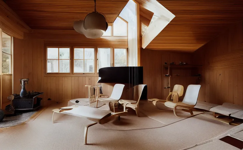 Image similar to luxurious wooden cottage by alvar aalto, modern japanese living room, japanese flower arrangements, architecture photography