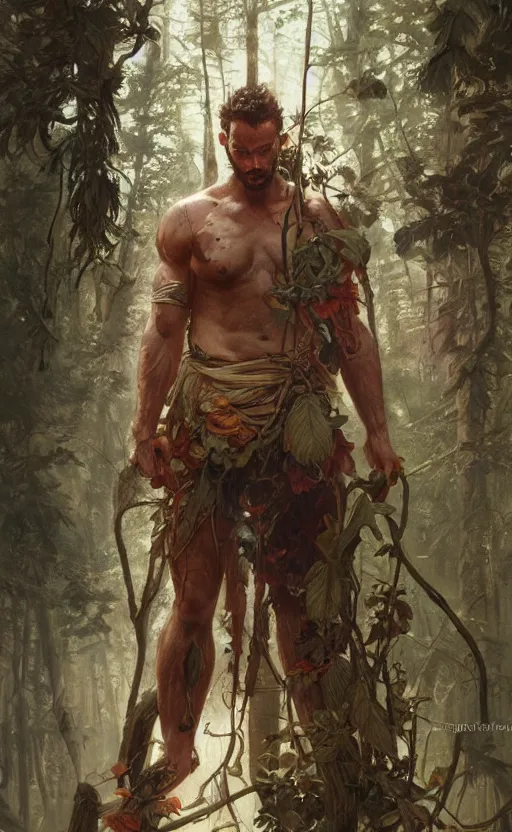 Image similar to god of the forest, 3 0 years old, rugged, handsome, male, detailed face, clean lines, atmospheric lighting, amazing, full body, flowers, muscular, intricate, highly detailed, digital painting, artstation, concept art, sharp focus, illustration, art by greg rutkowski and alphonse mucha