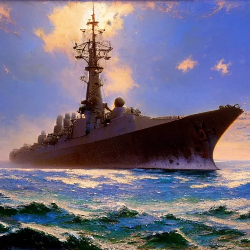 Image similar to detailed cinematic wide shot of world war 2 battleship, ultra realistic, spring light, painting by gaston bussiere, craig mullins, j. c. leyendecker