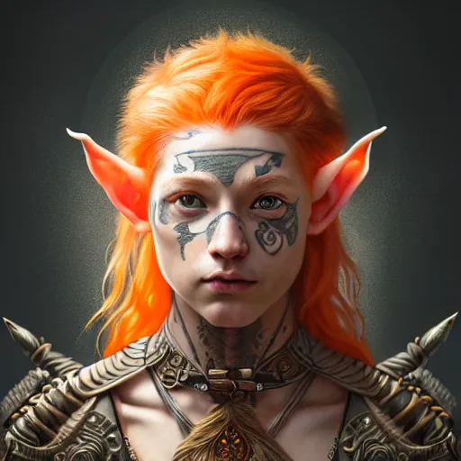 Image similar to portrait painting of very young elf with short light orange hair and tribal tattoos on his face wearing fur armor, ultra realistic, concept art, intricate details, eerie, highly detailed, photorealistic, octane render, 8 k, unreal engine. art by artgerm and greg rutkowski and charlie bowater and magali villeneuve and alphonse mucha