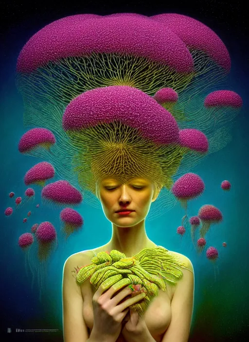 Image similar to hyper detailed 3d render like a Oil painting - Aurora (Singer) seen Eating of the Strangling network of yellowcake aerochrome and milky Fruit and Her delicate Hands hold of gossamer polyp blossoms bring iridescent fungal flowers whose spores black the foolish stars by Jacek Yerka, Mariusz Lewandowski, Houdini algorithmic generative render, Abstract brush strokes, Masterpiece, Edward Hopper and James Gilleard, Zdzislaw Beksinski, Mark Ryden, Wolfgang Lettl, hints of Yayoi Kasuma, octane render, 8k