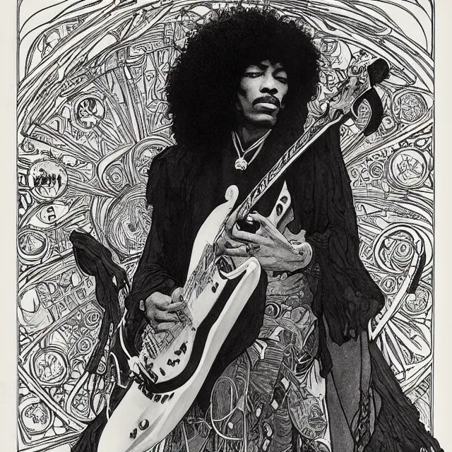 Prompt: artwork by Franklin Booth and Alphonse Mucha and Edmund Dulac showing a portrait of Jimi Hendrix as a futuristic space shaman, futuristic electric guitar