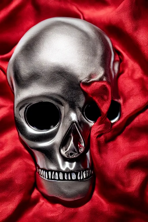 Prompt: chrome one eyed cyclop cracked skull statue layed on a red silk fabric, by hedi xandt and antonio corradini, macabre art, dark surrealism, epic and cinematic view, volummetric light, texturized, detailed, 8 k