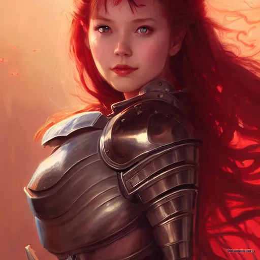 Prompt: girl in knight armor , long hair , red hair , portrait , looking at camera point of view , made by Stanley Artgerm Lau, WLOP, Rossdraws, James Jean, Andrei Riabovitchev, Marc Simonetti, Yoshitaka Amano, ArtStation, CGSociety
