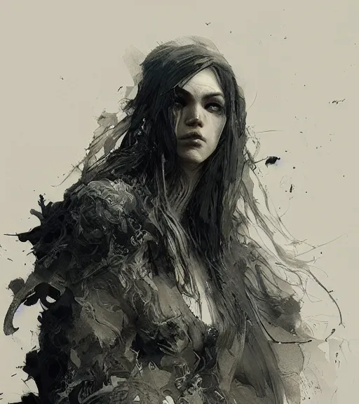 Prompt: dramatic portrait of a beautiful witch, pen and ink, intricate line drawings, by craig mullins, ruan jia, kentaro miura, greg rutkowski, loundraw