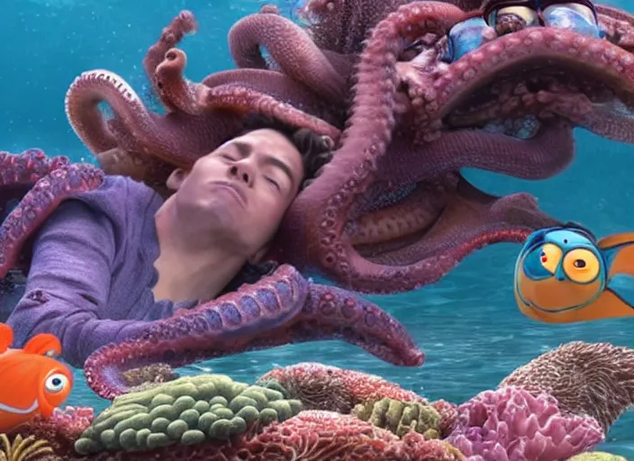 Image similar to film still of harry styles swimming with an octopus in the new finding nemo movie, 4 k