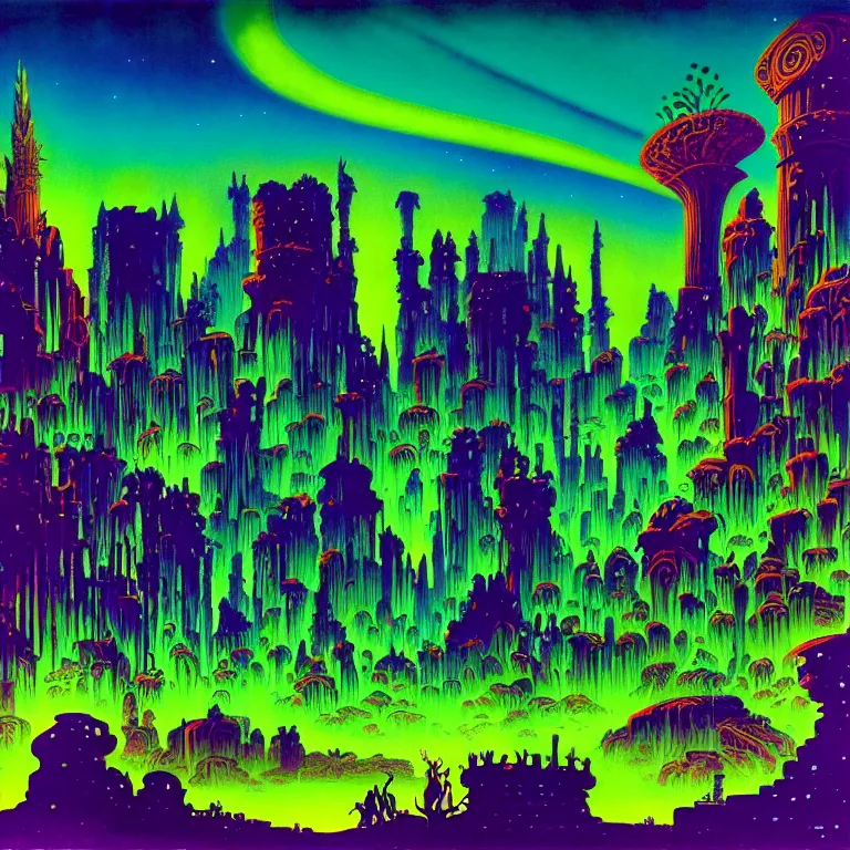 Image similar to psychedelic eternal aurora radiating over desolate ancient ruins, bright neon colors, highly detailed, cinematic, eyvind earle, tim white, philippe druillet, roger dean, lisa frank, aubrey beardsley