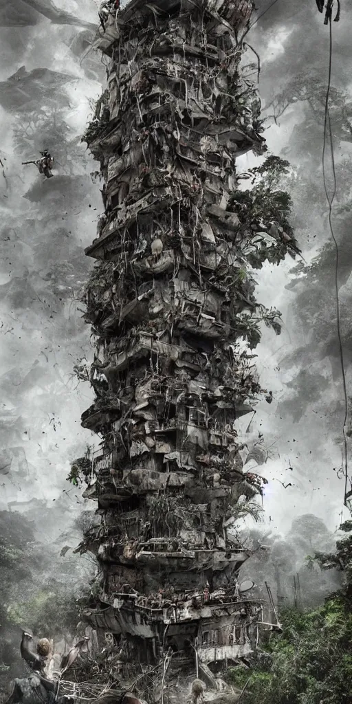 Image similar to editorial photo of tower in the jungle full of climbing people, armored warriors and Amazon climbs and fight, epic,three point perspective, vintage, blood, slight inspiration of Boris vallejo and apocalypto, war photography