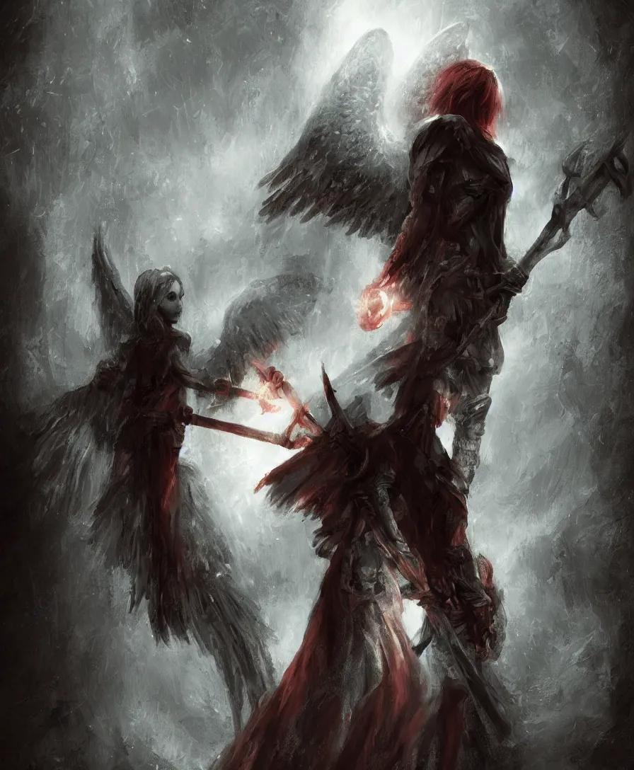 Prompt: a glowing angel carrying a sword in the dark hallways of hell, red tones, dark atmosphere, nightmare