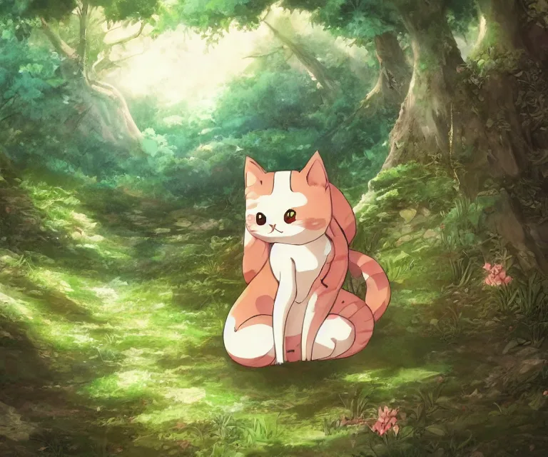 Prompt: kawaii cat in a forest, anime fantasy illustration by tomoyuki yamasaki, kyoto studio, madhouse, ufotable, comixwave films, trending on artstation