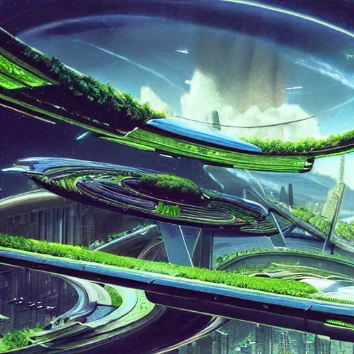 Prompt: beautiful matte painting of green gardens with roads on a futuristic sci-fi space station, cinematic angle, cinematic lighting, blue sky, by Syd Mead, John Harris, Federico Pelat