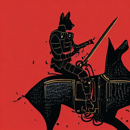 Prompt: An illustration of a mechanical punk motorcyclist carrying a samurai sword next to a black wolf on a red background, by matt griffin