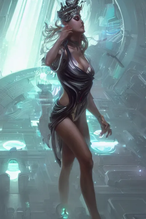 Image similar to goddess of the techno world, highly detailed, digital painting, artstation, concept art, smooth, sharp focus, illustration, unreal engine 5, 8 k, art by artgerm and greg rutkowski and edgar maxence