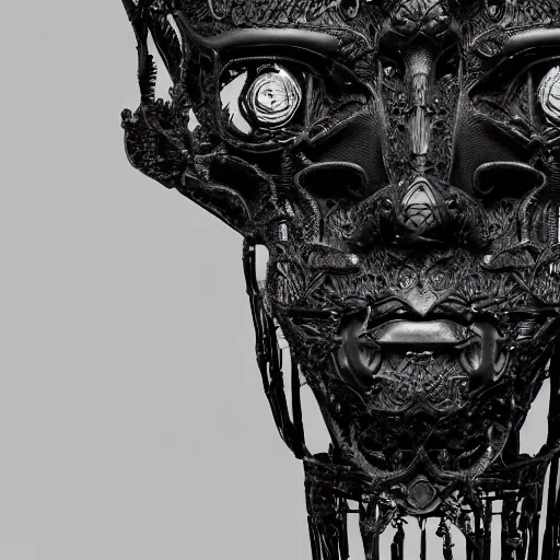 Prompt: a face made of black cast iron. black background. gothic baroque. symmetry. epic. ominous shapes. hyper detailed. photoreal. octane render. trending on artstation.