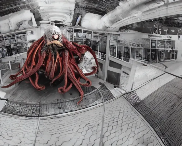 Image similar to camera footage of a extremely aggressive Giant mutated Octopus with glowing white eyes, False Human Features, in an abandoned shopping mall, Psychic Mind flayer, Terrifying, Metal Slug Aliens, Ronald McDonald :7 , high exposure, dark, monochrome, camera, grainy, CCTV, security camera footage, timestamp, zoomed in, Feral, fish-eye lens, Fast, Radiation Mutated, Nightmare Fuel, Ancient Evil, Bite, Motion Blur, horrifying, lunging at camera :4 bloody dead body, blood on floors, windows and walls :5