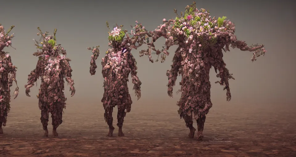 Prompt: a photo of humanoid aliens! with floral heads wearing robes in a foggy desert, octane render, cg society,