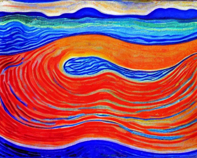 Image similar to Ocean waves in a psychedelic dream world. DMT. Landscape painting by Edvard Munch. David Hockney.