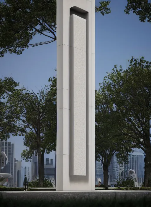 Image similar to highly detailed realistic architecture 3 d render of a futurisctic stele made from economics business standing in a city park, archdaily, made in unreal engine 4 octane render