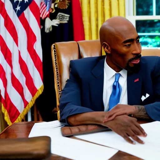 Image similar to tupac shakur visits joe biden at the oval office, photorealistic, ultra hd, 4 k, award winning, patriotic