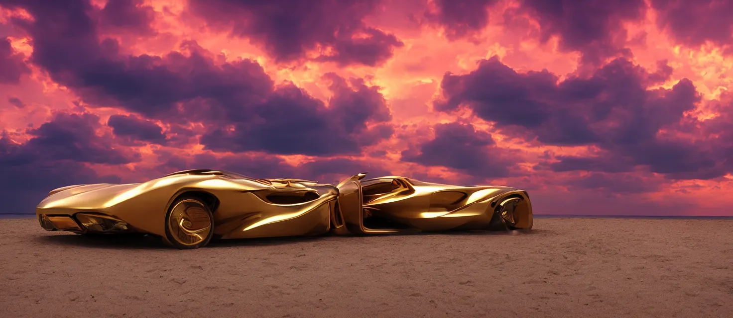 Prompt: futuristic golden luxury car from the year 2052, professional studio photography, dramatic lighting, clouds, colorful red sunset, on the beach, blue water