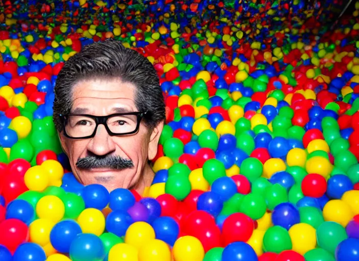 Prompt: photo still of geraldo rivera in a ball pit!!!!!!!! at age 6 6 years old 6 6 years of age!!!!!!!! hiding from parents, 8 k, 8 5 mm f 1. 8, studio lighting, rim light, right side key light