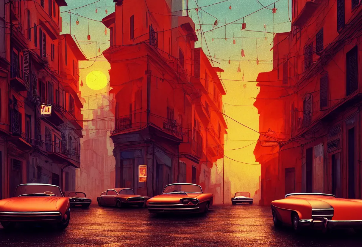 Prompt: many old cars in street, rome style, small building, city, street, science fiction, cyberpunk, rain day, wide angle, 1 9 6 0 s, saturn in sky magic sunset, a lot of lights, cinematic lighting, high detail, digital painting, concept art, octane render, trending on artstation, trending on deviantart, 3 2 k