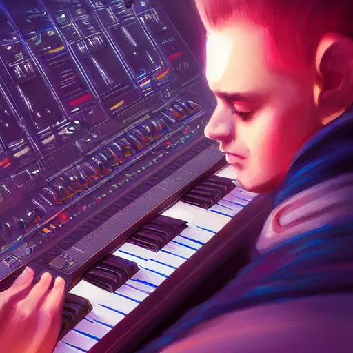 Prompt: composer, kissing a synth keyboard, highly detailed, digital painting, artstation, concept art, sharp focus, illustration, art by Ross tran