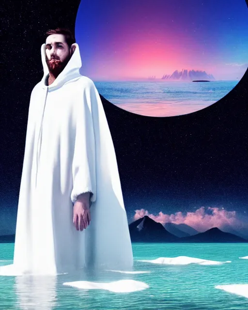 Image similar to a person wearing a white cloak standing in the water. a large planet is overhead. an album cover by stanley twardowicz, trending on cg society, retrofuturism, retrowave, chillwave, synthwave