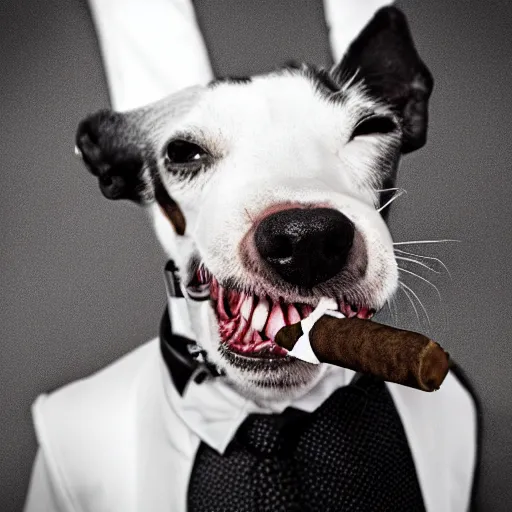 Image similar to a high detail closeup photograph of a dog wearing a suit 👔,and smoking a cigarrette🚬, award wining photograph, digital art