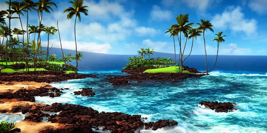 Image similar to Kapalua maui Hawaii, unreal 5, hyperrealistic, realistic, photorealistic, dynamic lighting, highly detailed, cinematic landscape, studio landscape, studio lighting