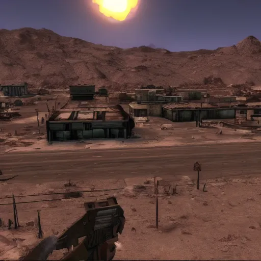 Image similar to the strip from fallout new vegas, 4 k, graphics overhaul, modded, unreal engine 5